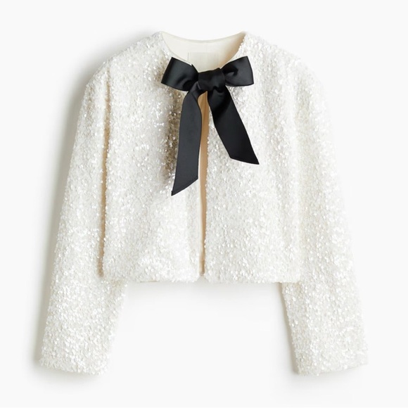 Jackets & Blazers - Elegant White Sequin Jacket with Black Bow